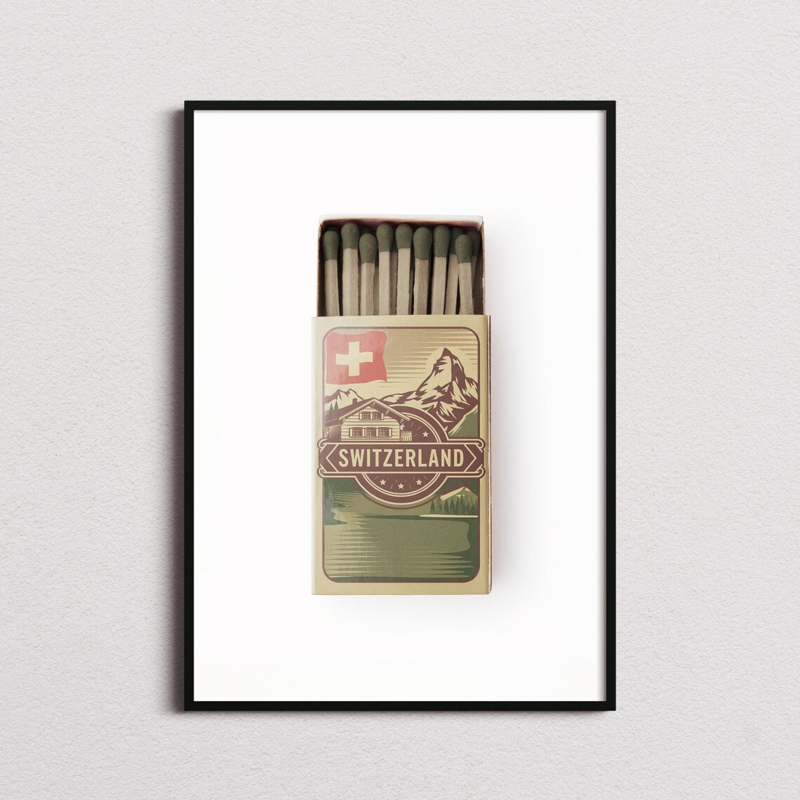 Switzerland Matchbox Matterhorn Alps Chalet Vintage Art Poster