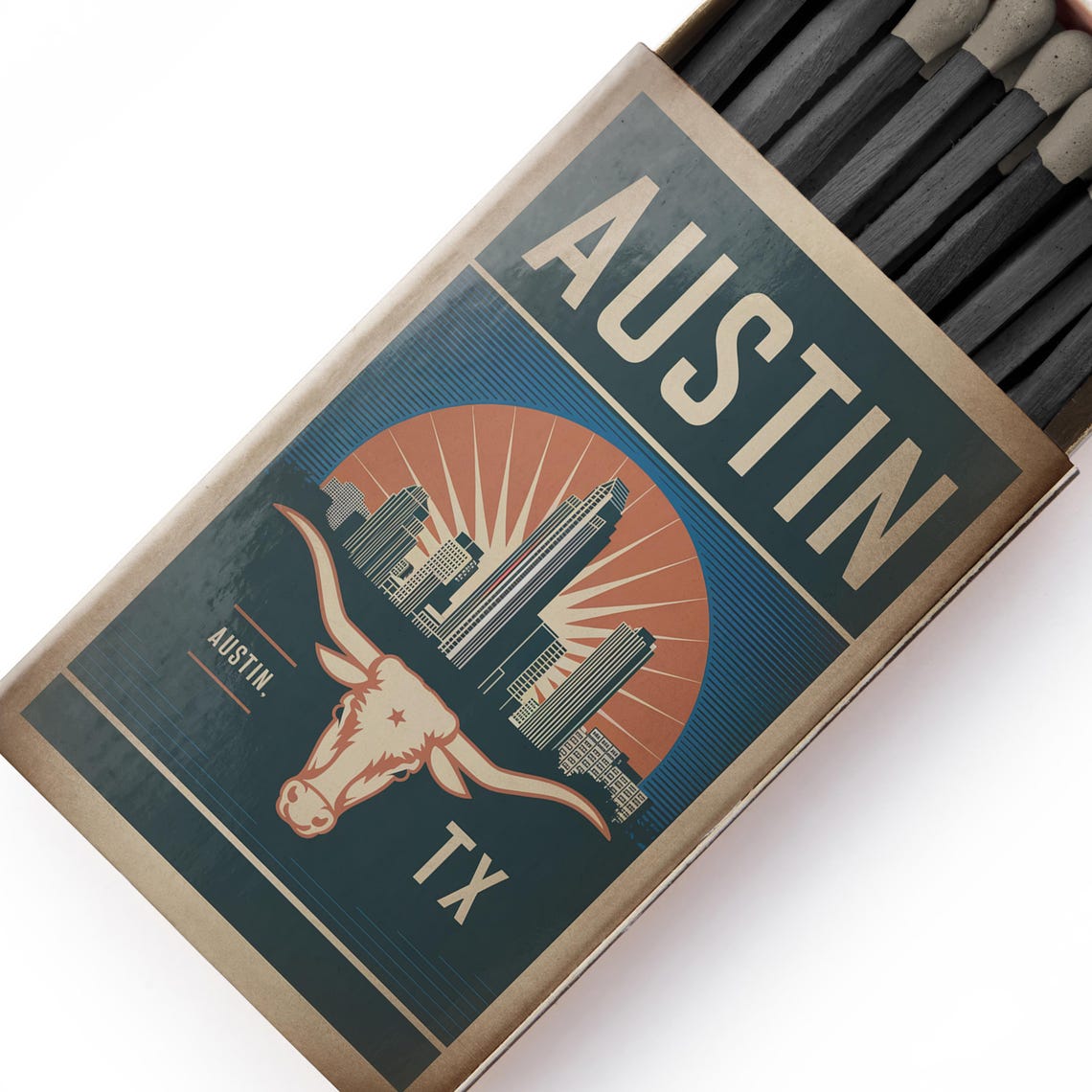 Austin Texas Longhorn Matchbox Label Skyline Sunset Art Poster - Image 5
