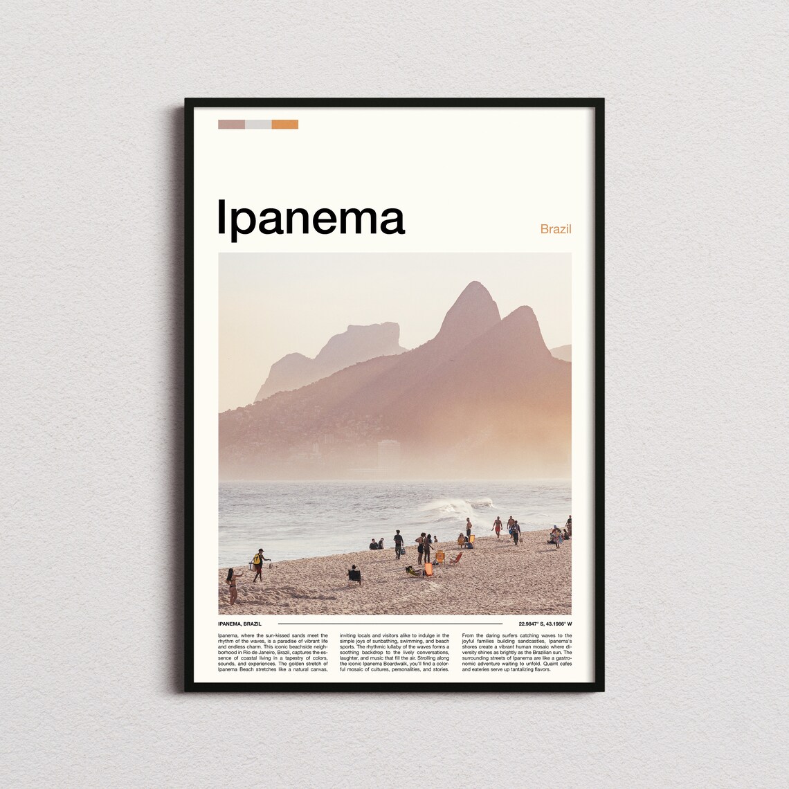 Ipanema Beach Brazil Dois Irmaos Peaks Surf Scene Travel Poster