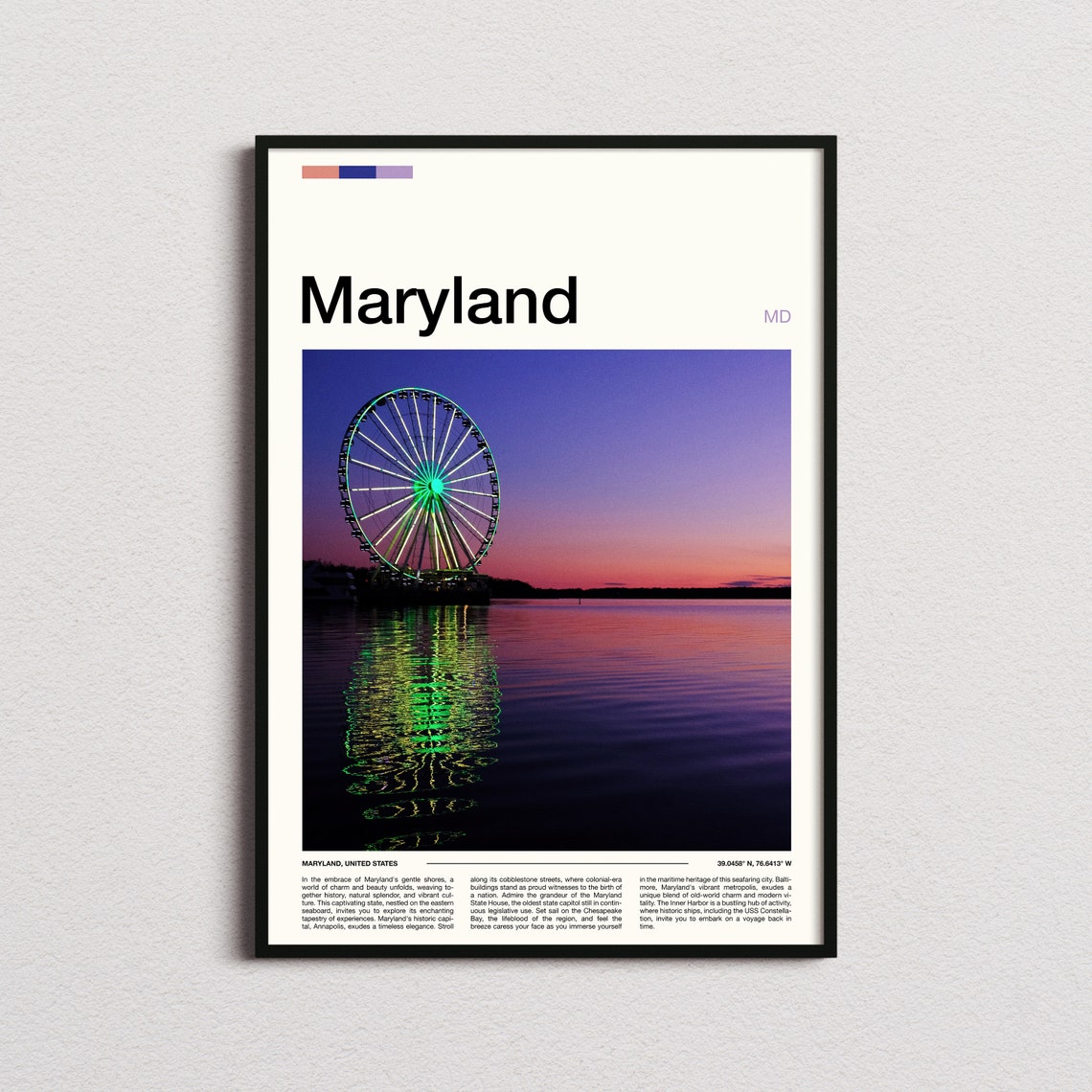 Maryland Ferris Wheel Sunset Water Reflection Photography Poster