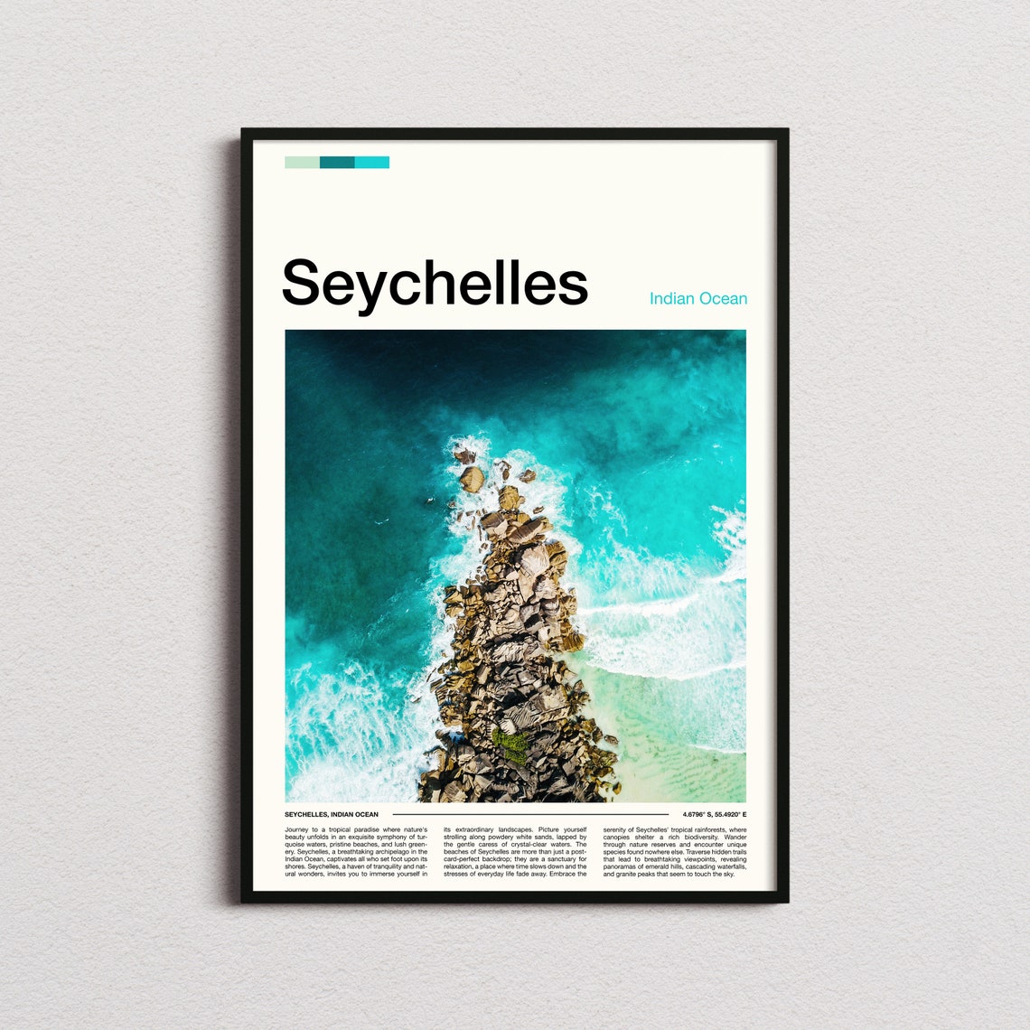 Seychelles Indian Ocean Aerial Rocky Coastline Turquoise Waves Poster