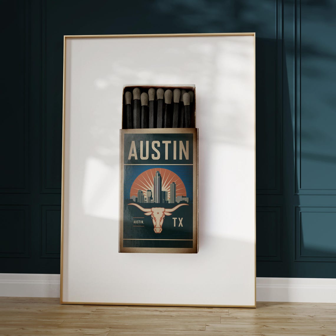 Austin Texas Longhorn Matchbox Label Skyline Sunset Art Poster - Image 4