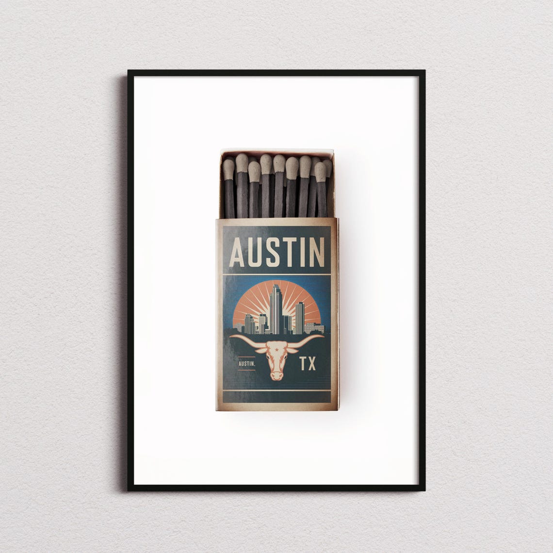 Austin Texas Longhorn Matchbox Label Skyline Sunset Art Poster