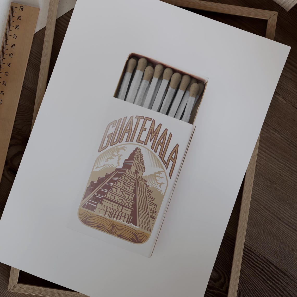 Guatemala Mayan Pyramid Matchbox Style Art in Vintage Engraving Poster - Image 2