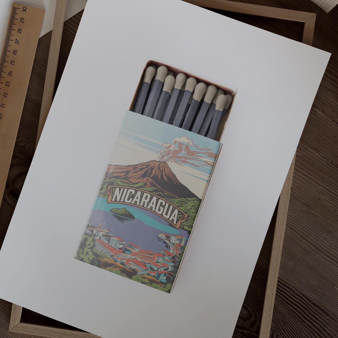Nicaragua Matchbox Volcano Lake Town Vintage Travel Art Poster - Image 2