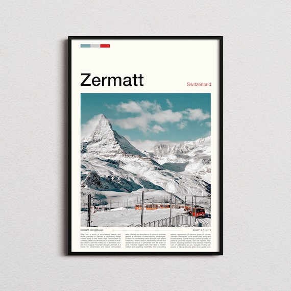 Zermatt Switzerland Matterhorn Red Train Snowy Peak View Poster