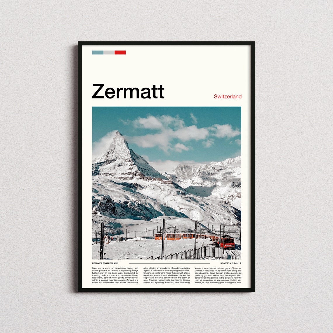 Zermatt Switzerland Matterhorn Red Train Snowy Peak View Poster