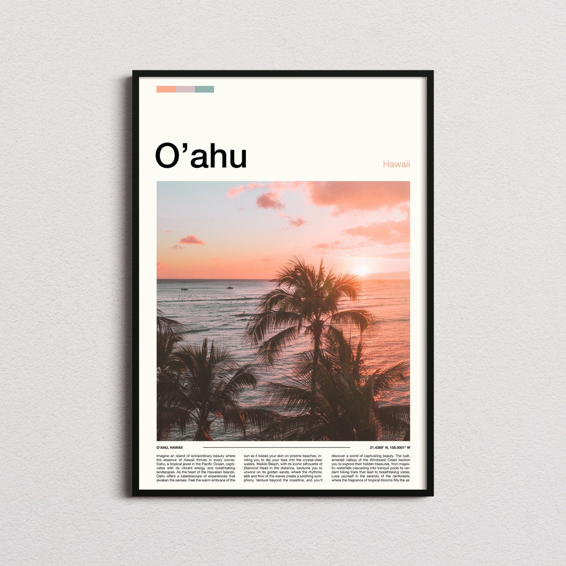 Oahu Hawaii Sunset Palm Trees Beach Tropical Photography Poster