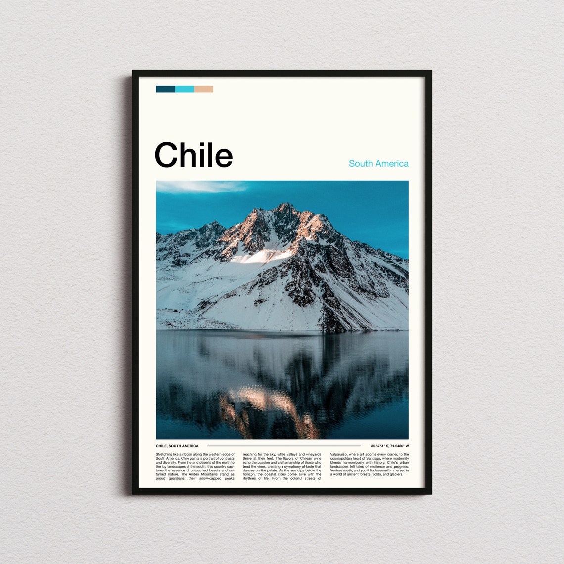 Chile Andes Snow Peak Mirror Lake Reflection Minimalist Travel Poster