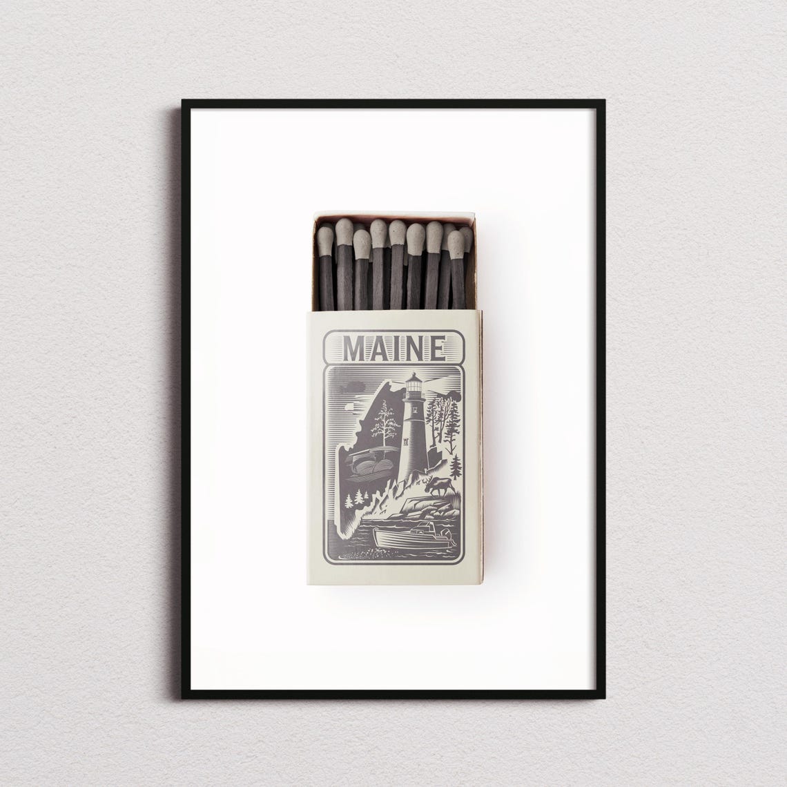 Maine Lighthouse Vintage Matchbox Art Coastal Illustration Poster