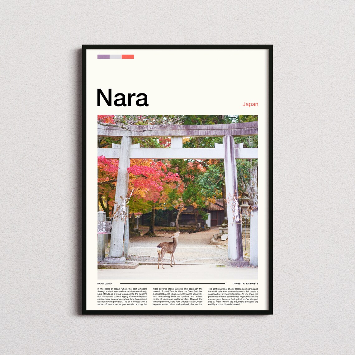Nara Japan Torii Gate Sacred Deer Vibrant Autumn Leaves Poster