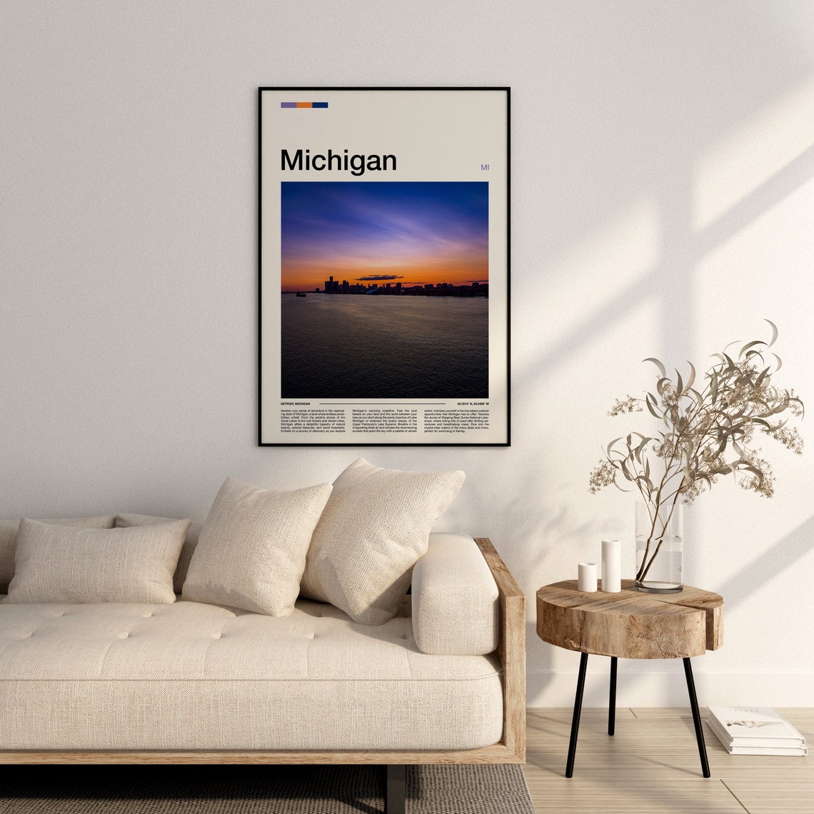 Michigan Detroit Skyline Sunset River Waterfront View Poster - Image 2
