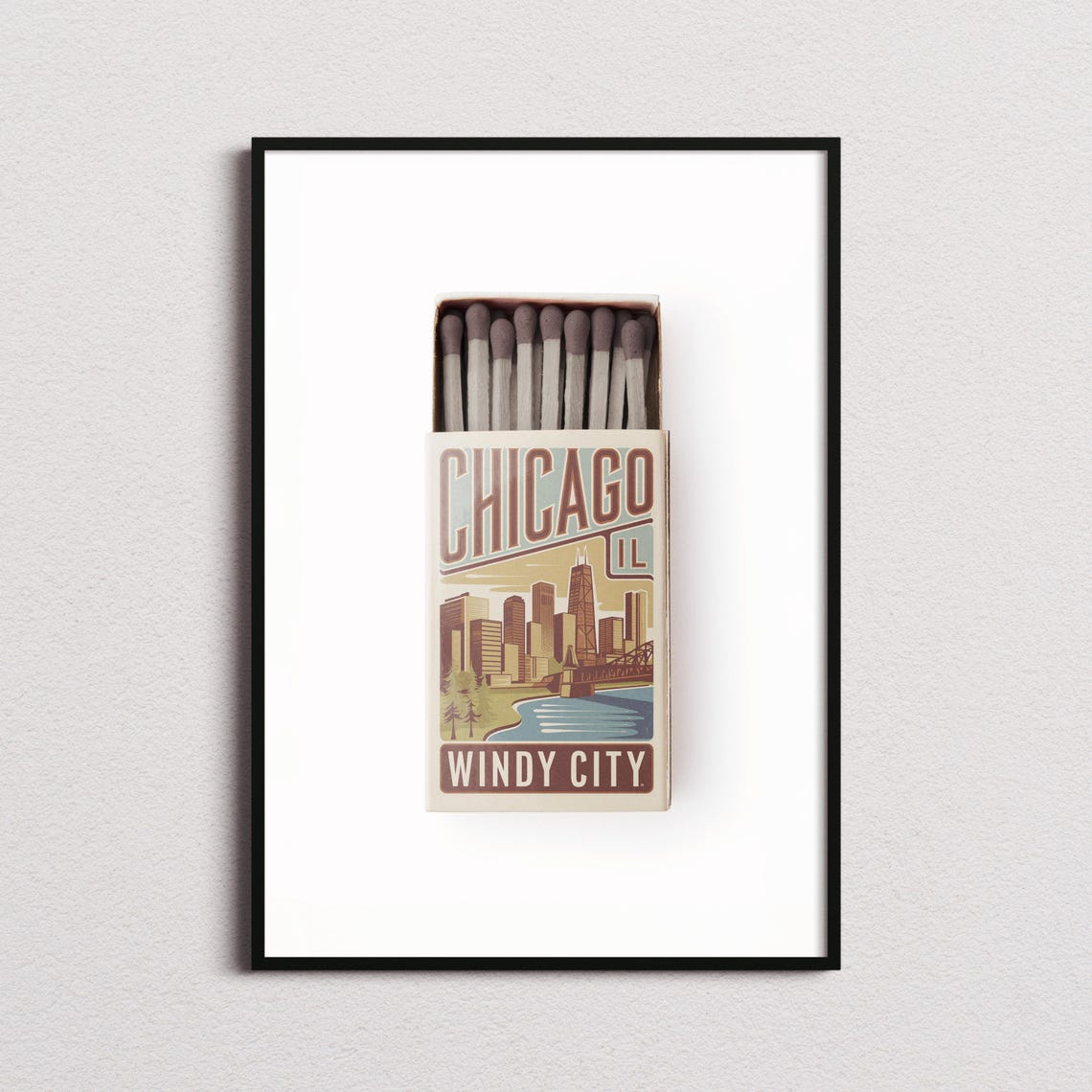 Chicago Windy City Skyline Vintage Matchbox Retro Travel Art Poster