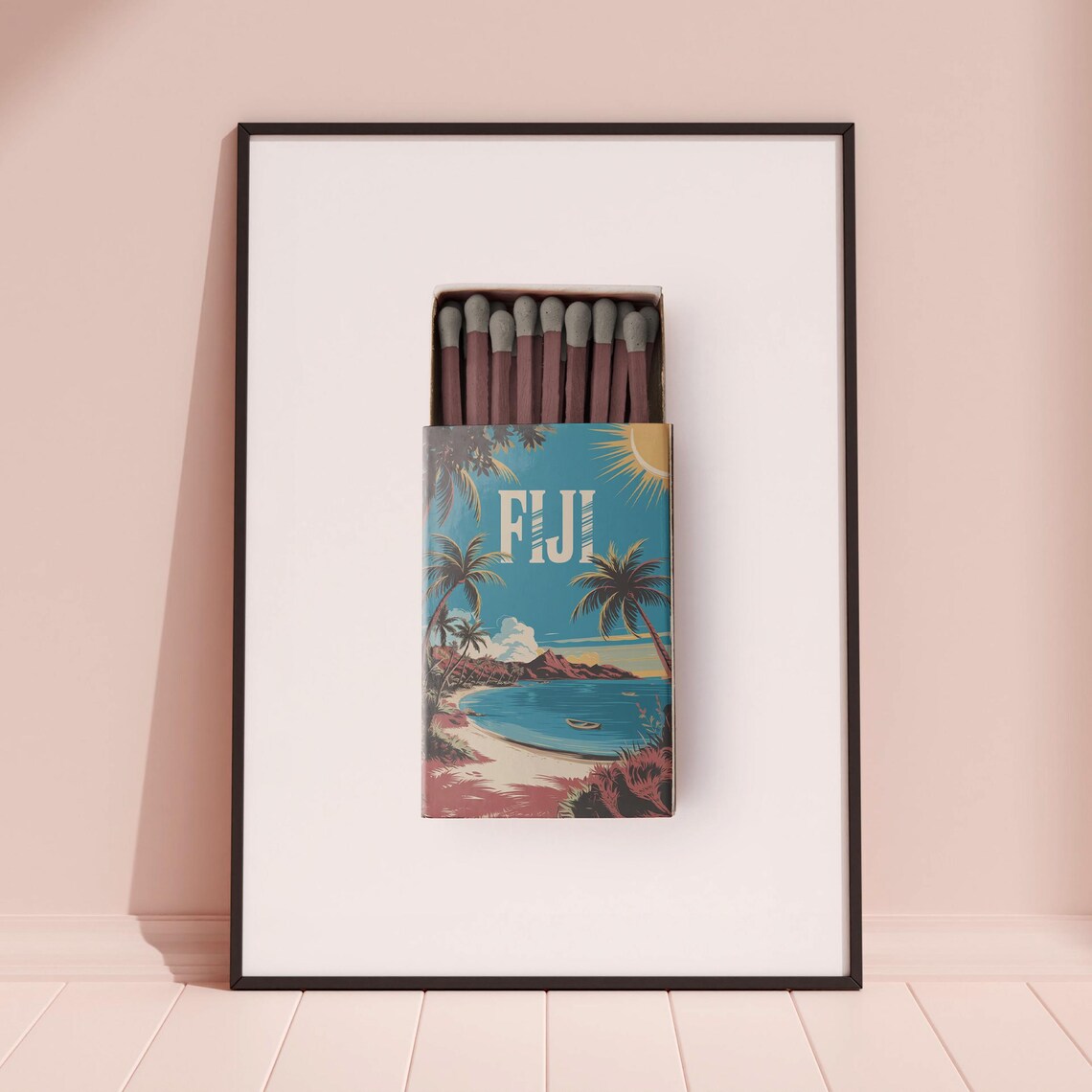 Fiji Vintage Matchbox Style Tropical Beach Palm Art Travel Poster - Image 3