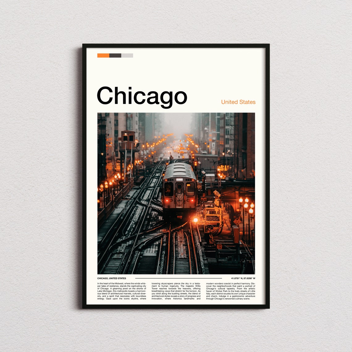 Chicago United States Elevated Train City Night Downtown Lights Poster