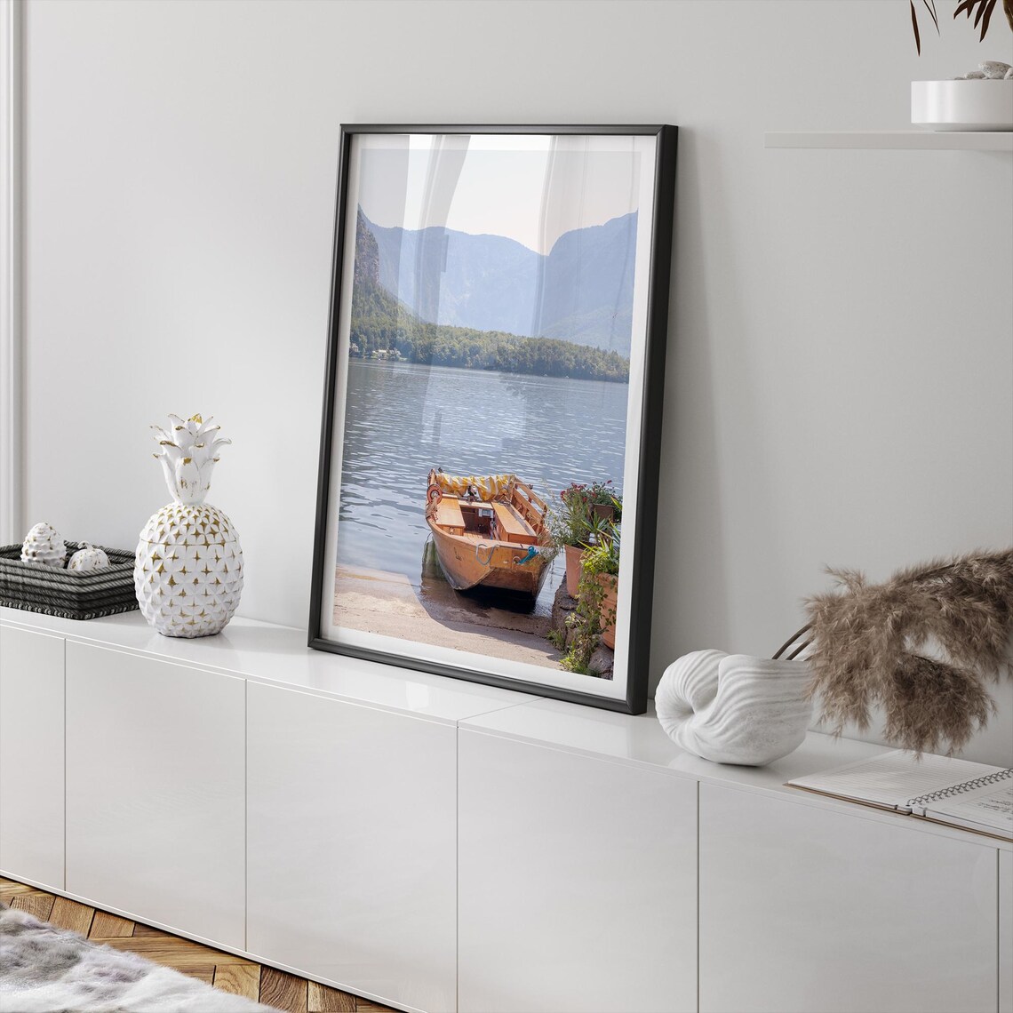 Hallstatt Austria Wooden Boat Mountain Lake Serene Alpine View Poster - Image 2