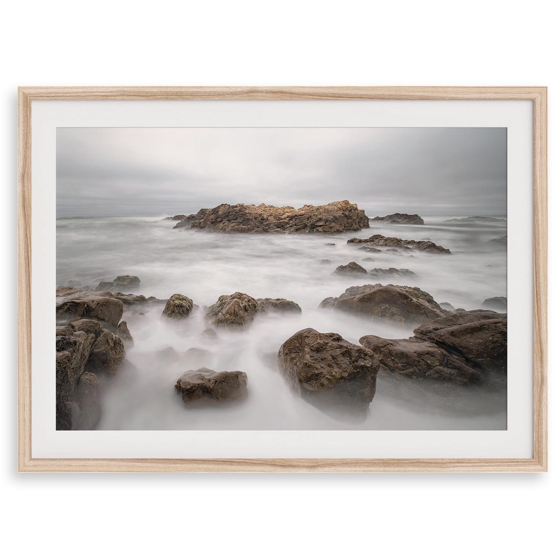 Rocky Coast Long Exposure Silky Water Gray Moody Seascape Poster