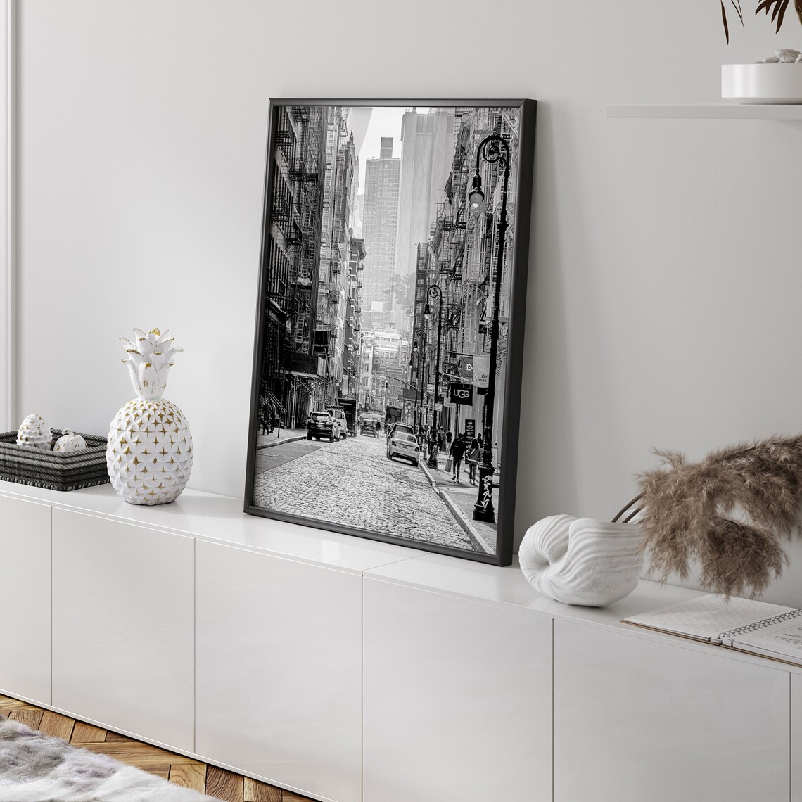 New York City Cobblestone Street Fire Escapes Black And White Poster - Image 3