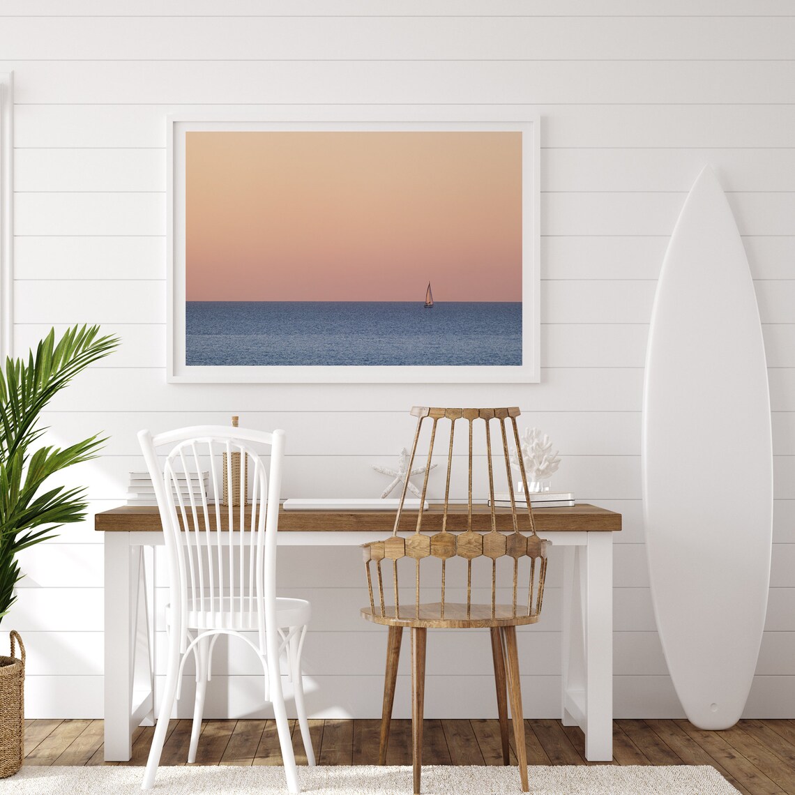 Minimalist Ocean Sunset Lone Sailboat Pink Sky Serene Seascape Poster - Image 2