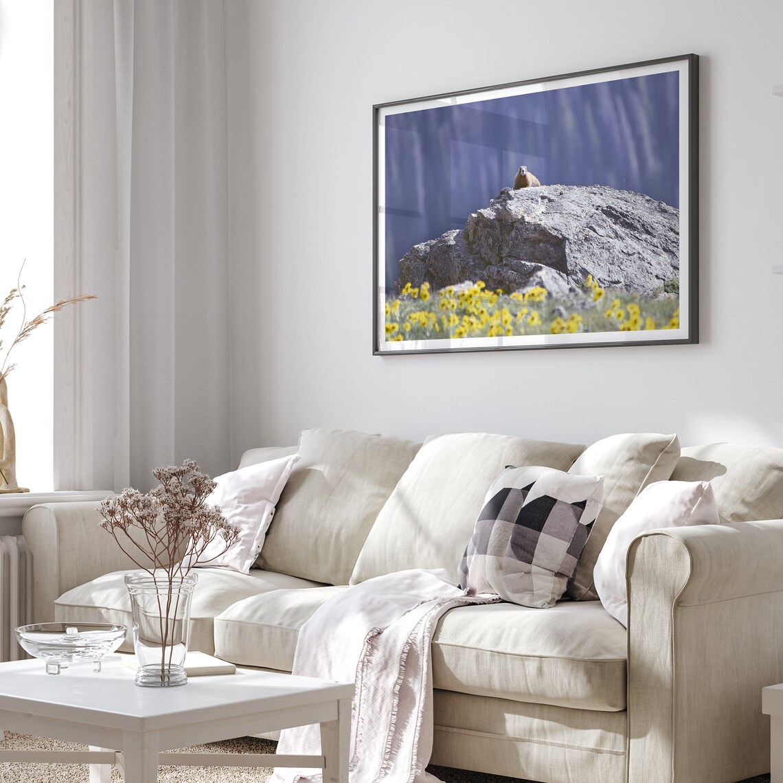 Marmot Sitting On Alpine Rock Among Yellow Wildflowers Mountain Print - Image 4
