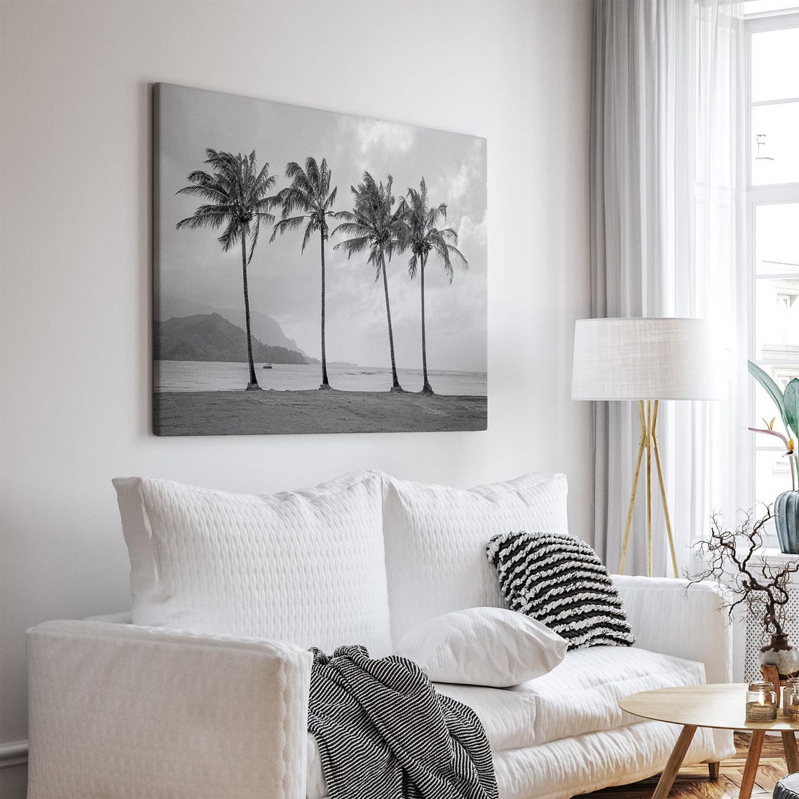 Black And White Palm Trees Beach Sea Cliffs Ocean View Hawaii Poster - Image 3