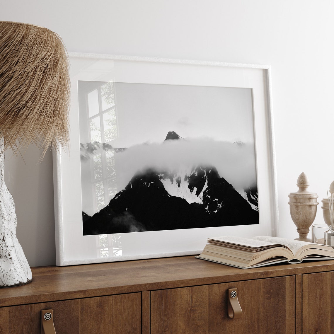 Black And White Mountain Peak Above Clouds Snow Summit View Poster - Image 4