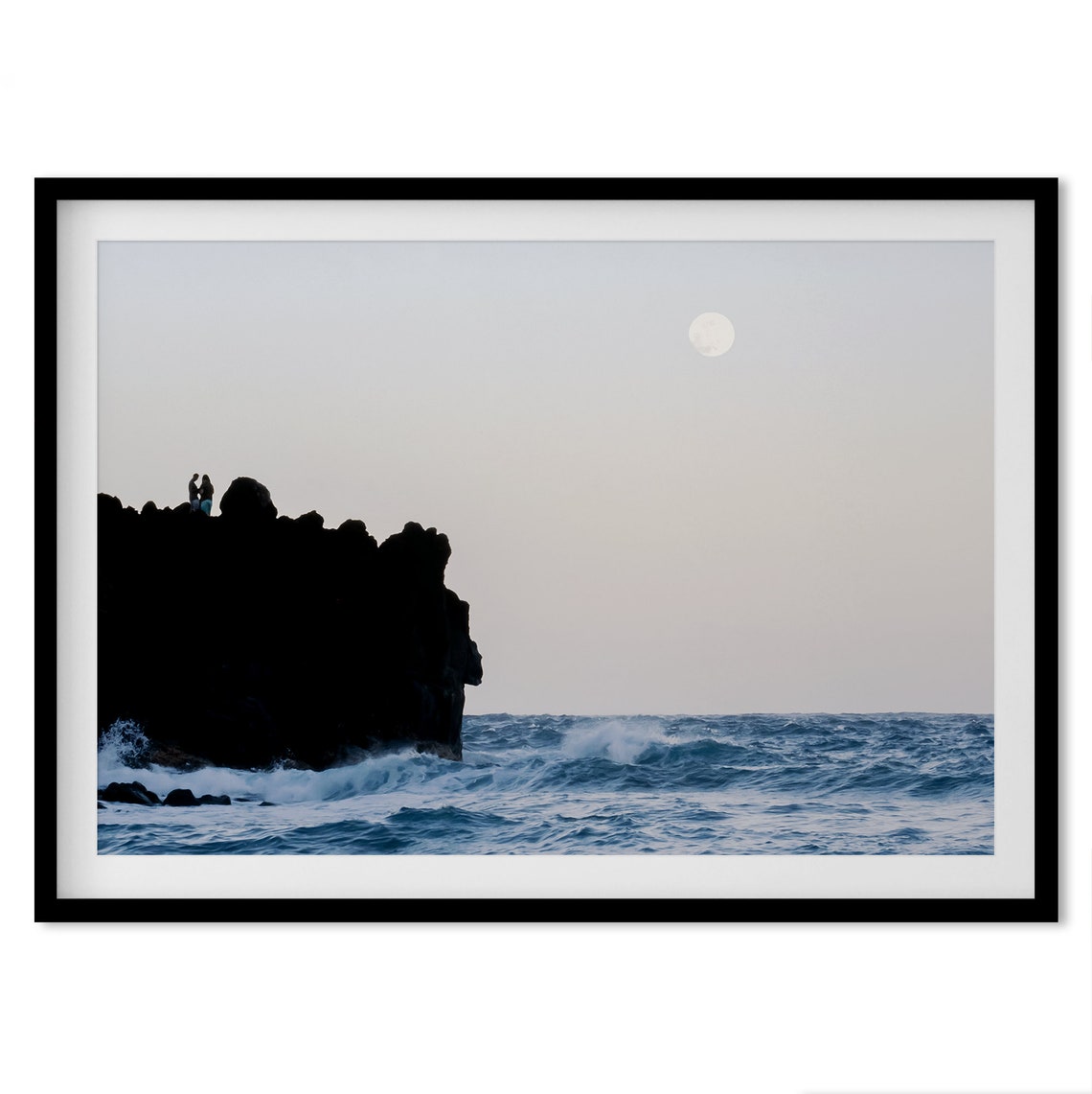 Ocean Moonrise Rocky Cliff Couple Silhouette Waves Night View Poster - Image 4