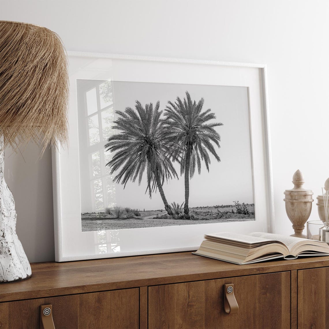 Two Palm Trees Desert Landscape Black And White Minimalist Poster - Image 2
