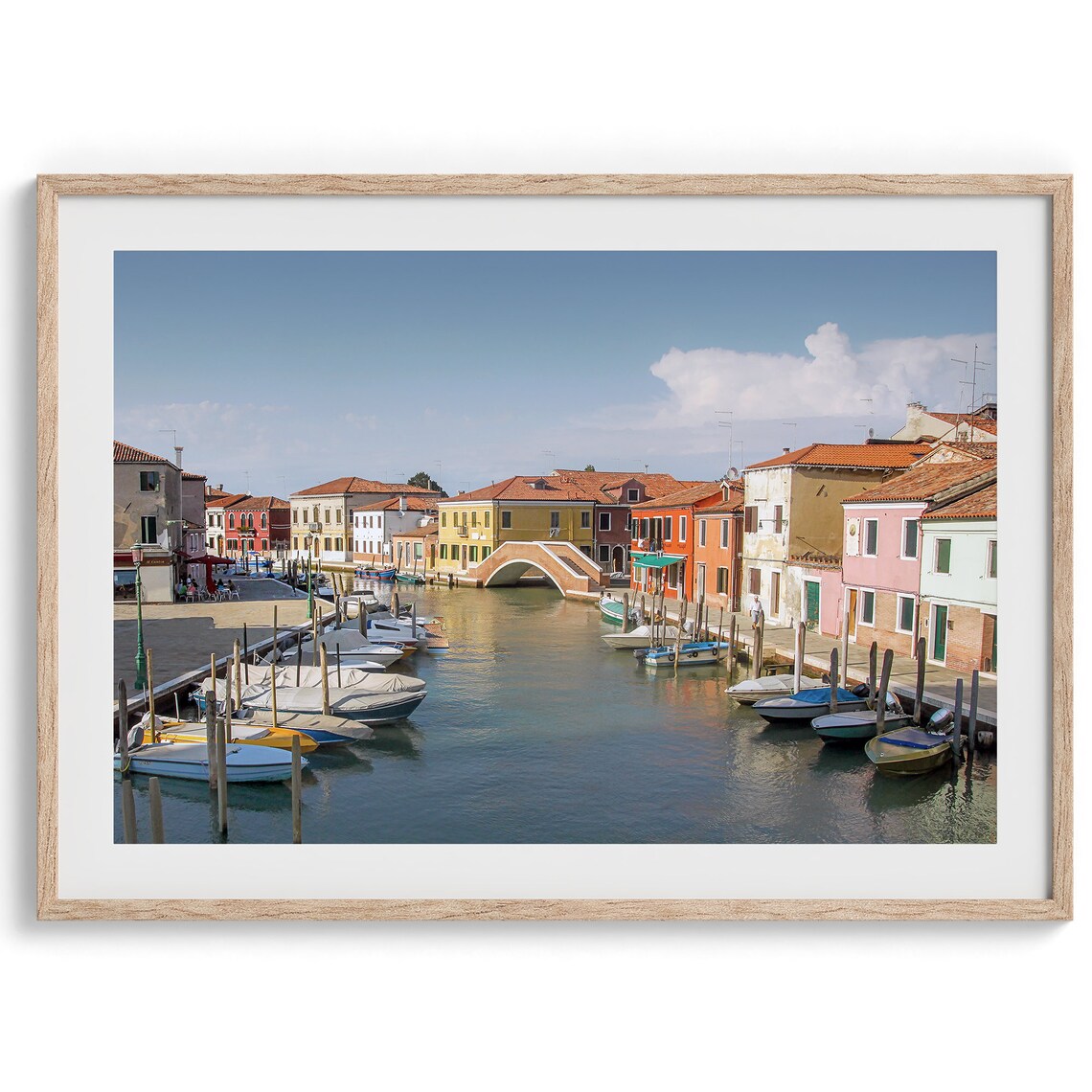 Venice Italy Colorful Canal Houses Boats Arched Bridge View Poster