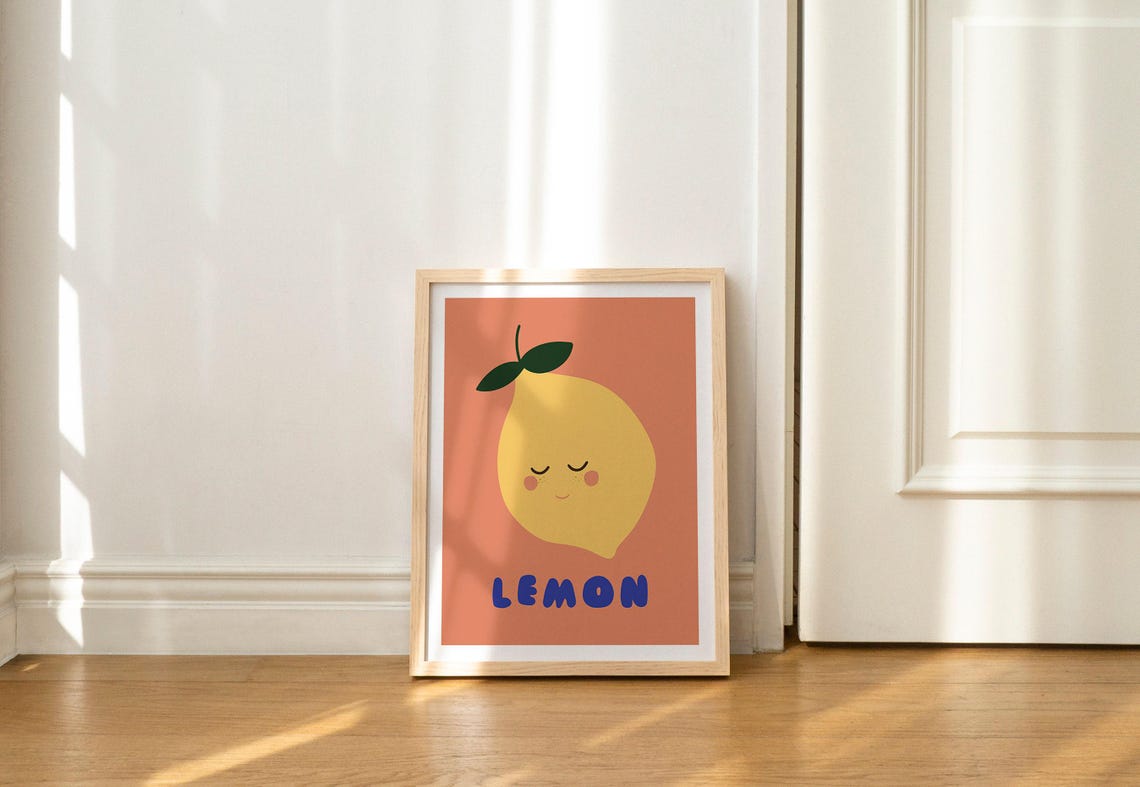 Smiling Lemon Cute Kawaii Fruit Minimalist Kitchen Decor Poster - Image 2