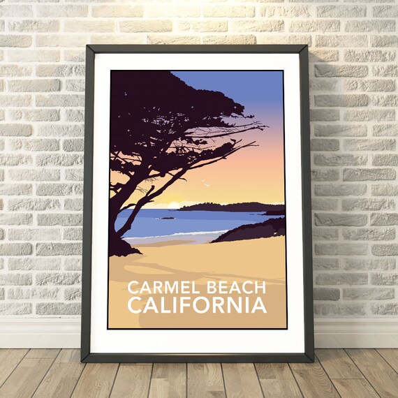 Carmel Beach California Sunset Cypress Tree Retro Travel Poster