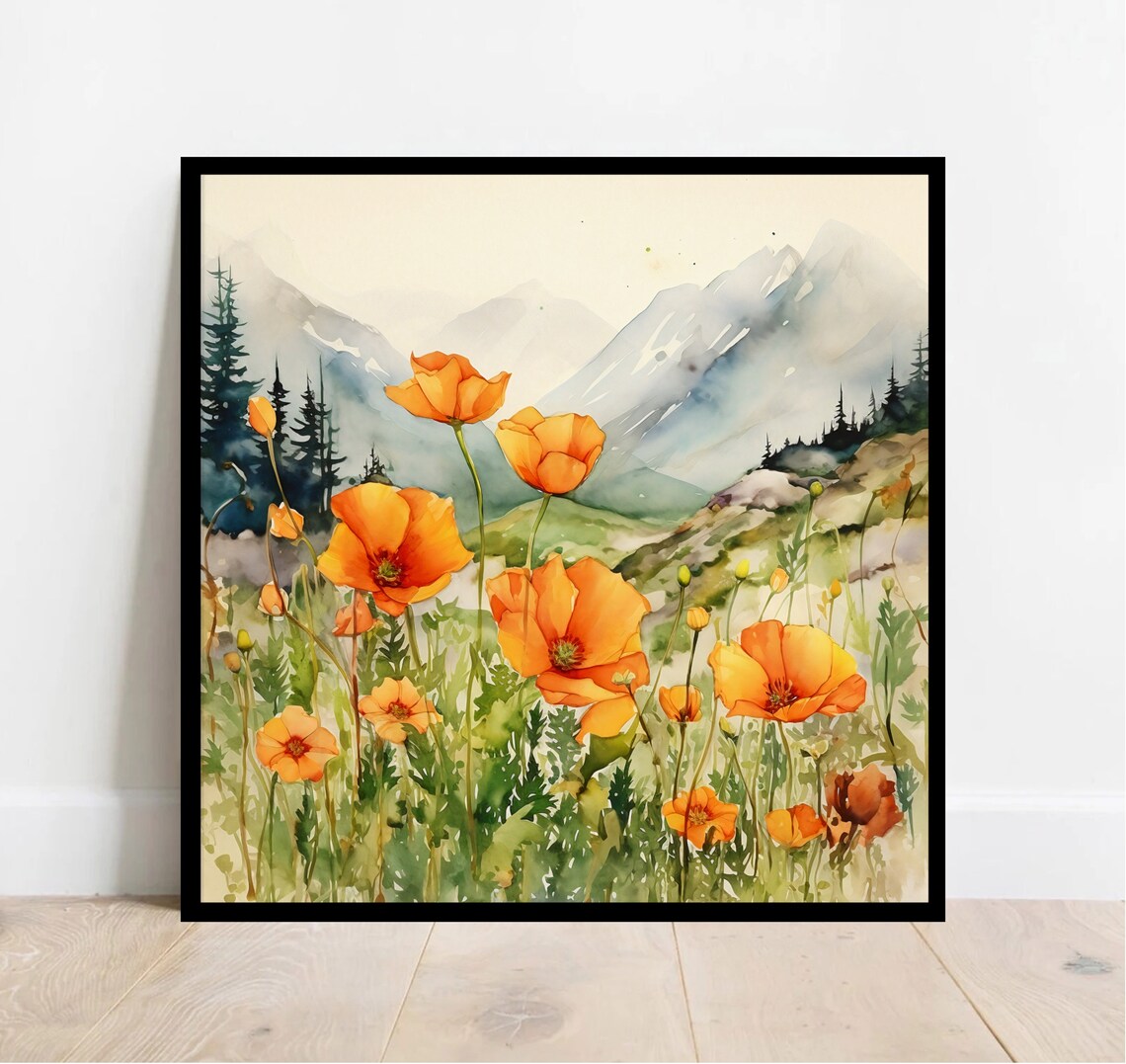 Summer Meadow Poppies Landscape Art Print - Image 3