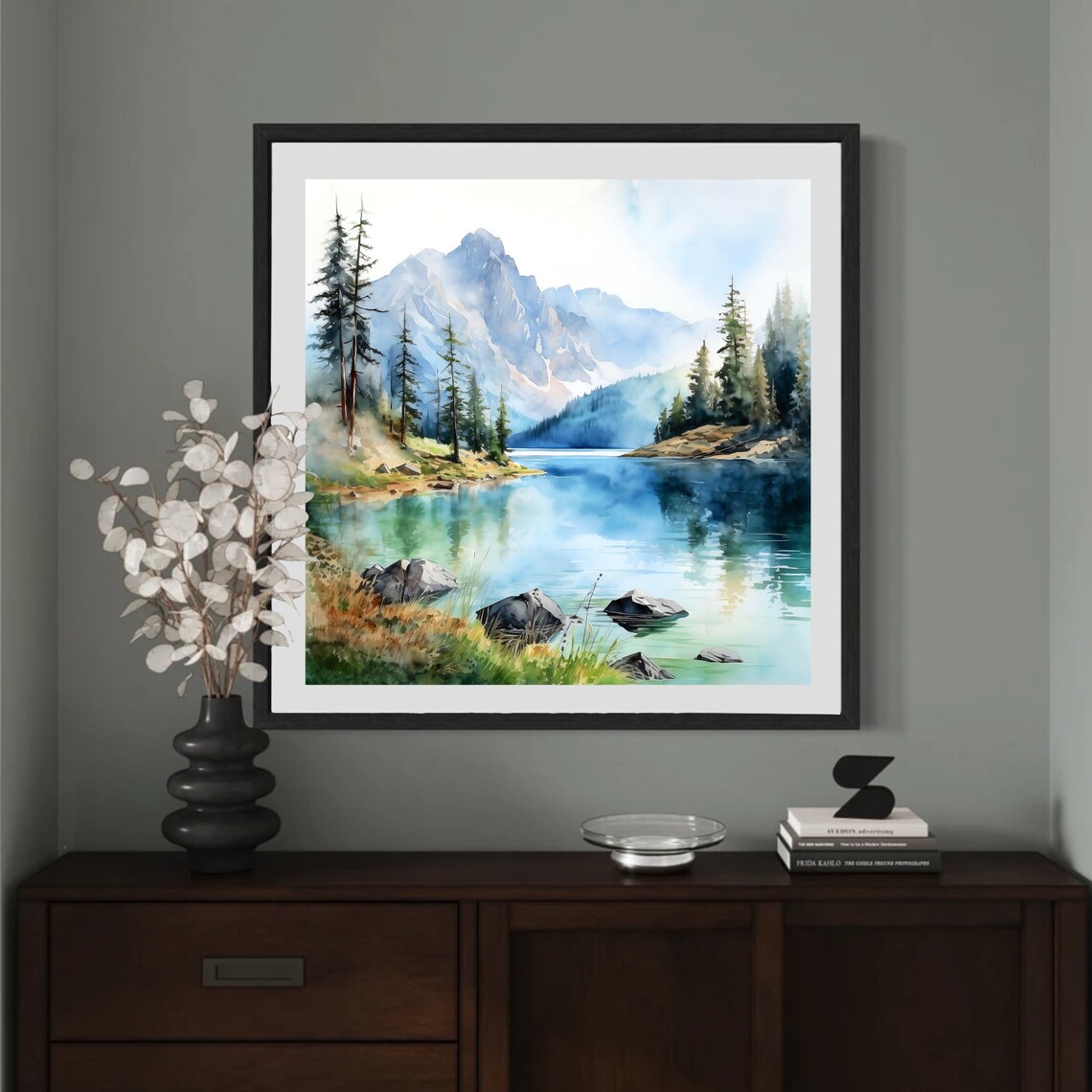 Turquoise Alpine Lake Snowy Peak Pine Shores Watercolor Wall Art - Image 2