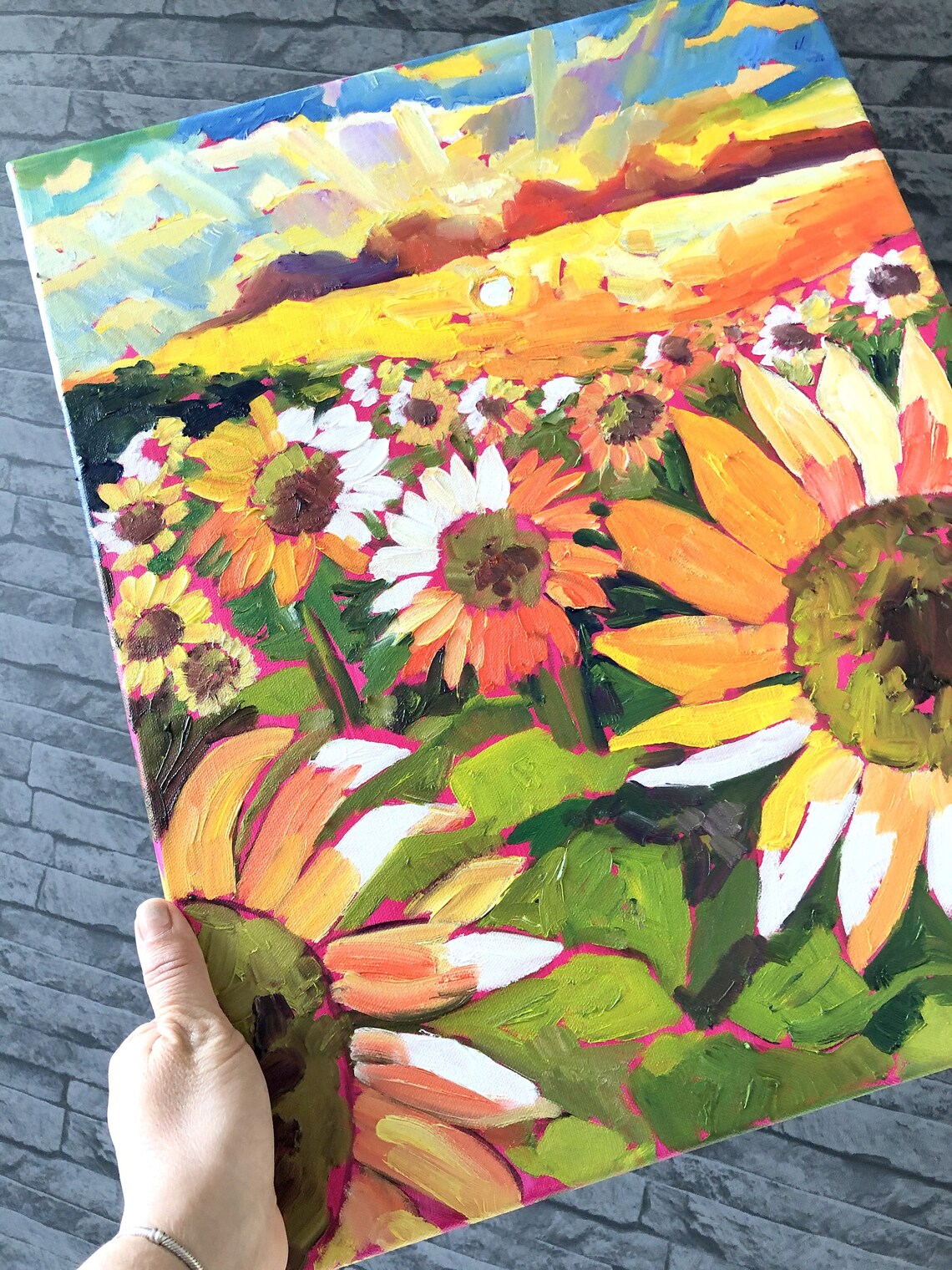 Sunflower Field Oil Painting with Vibrant Blooms and Sunset Poster - Image 2