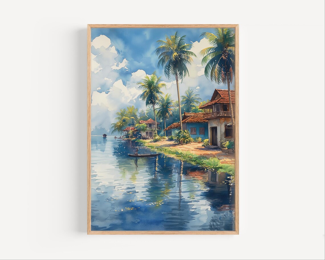 Tropical Lagoon Palm Trees Riverside Houses Calm Blue Watercolor Poster