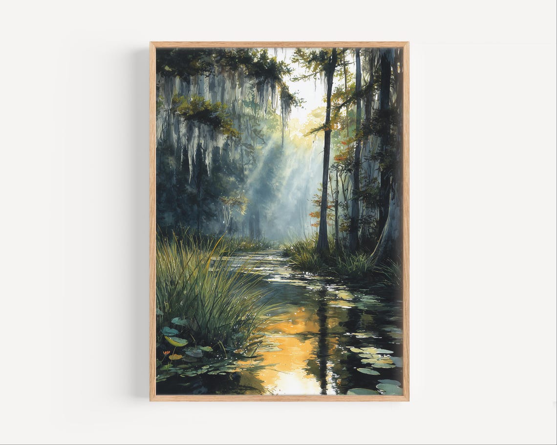 Misty Bayou Swamp Cypress Trees Morning Sunlight Forest Art Poster