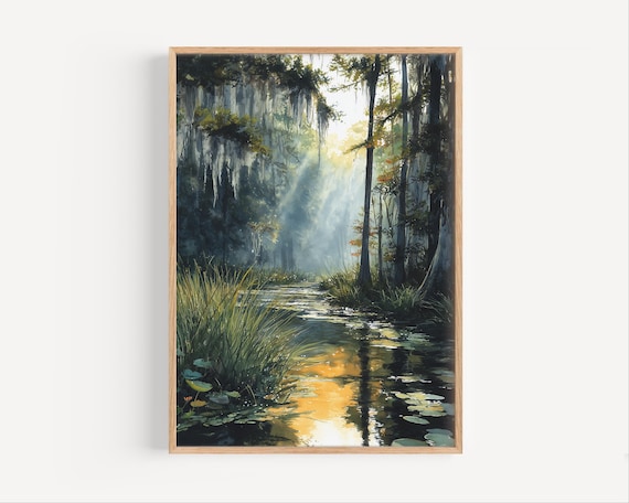 Misty Bayou Swamp Cypress Trees Morning Sunlight Forest Art Poster