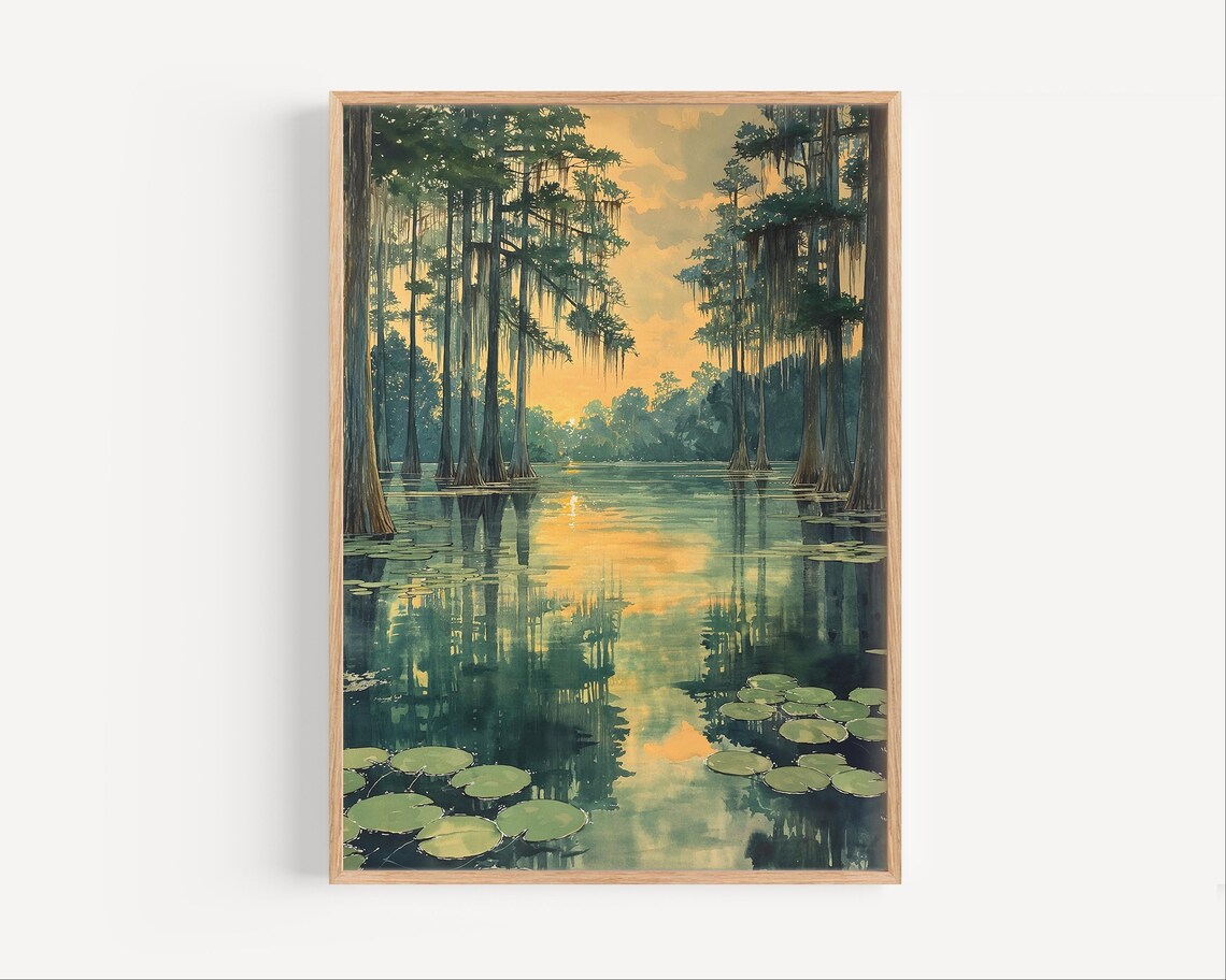 Louisiana Bayou Cypress Swamp Sunset Scene Watercolor Poster Art