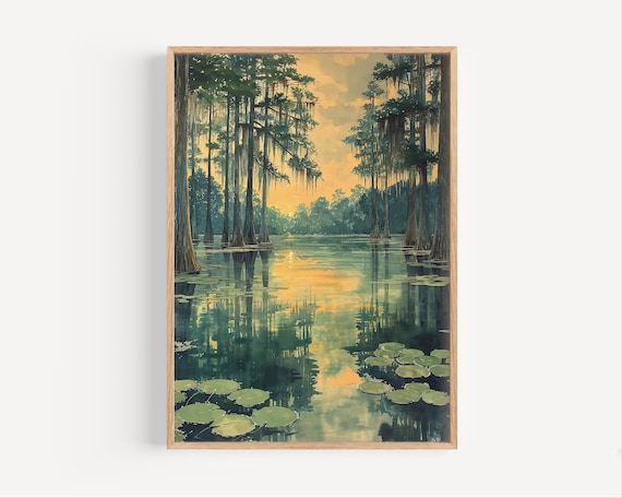 Louisiana Bayou Cypress Swamp Sunset Scene Watercolor Poster Art