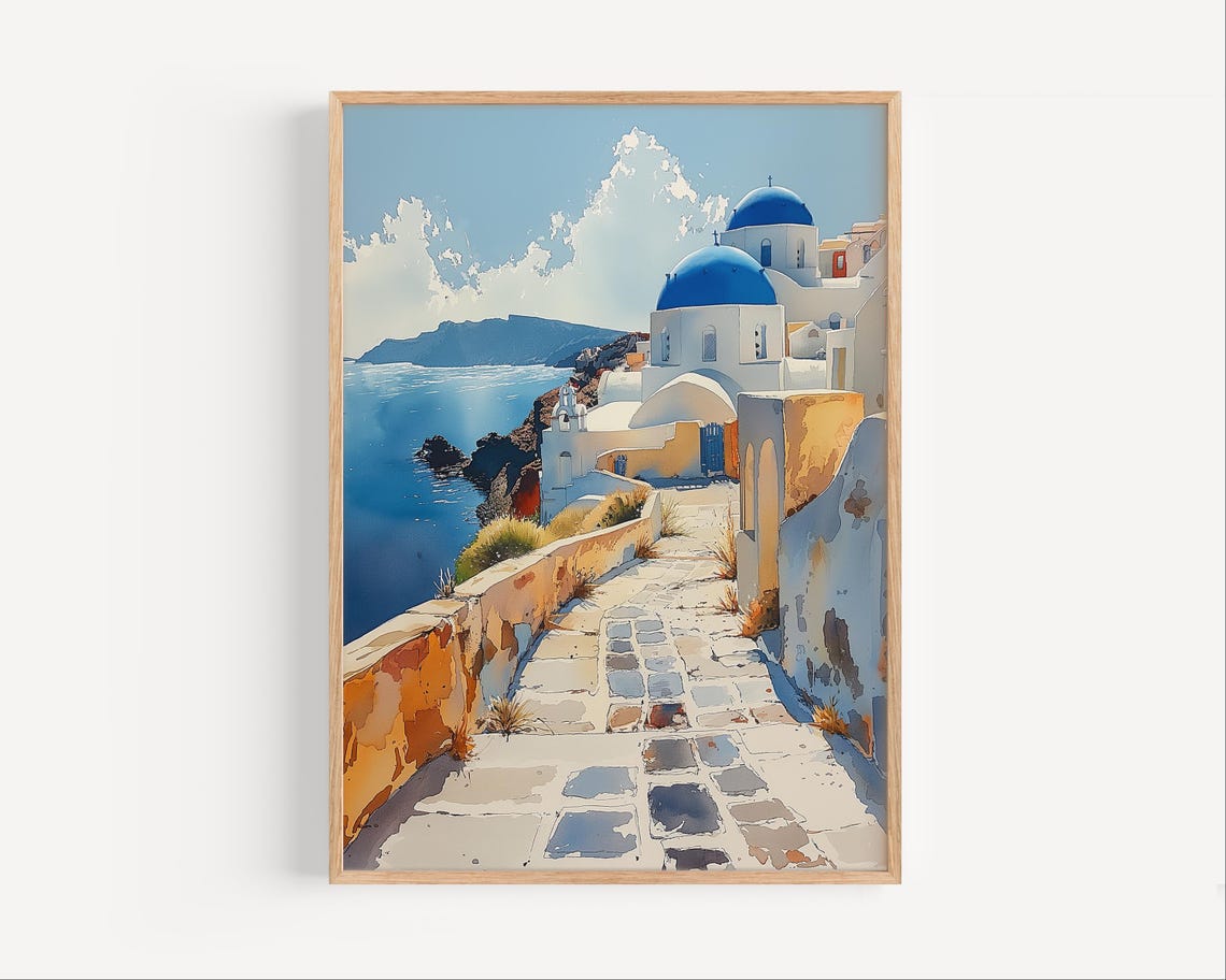 Santorini Greece Blue Domed Churches Watercolor Travel Poster