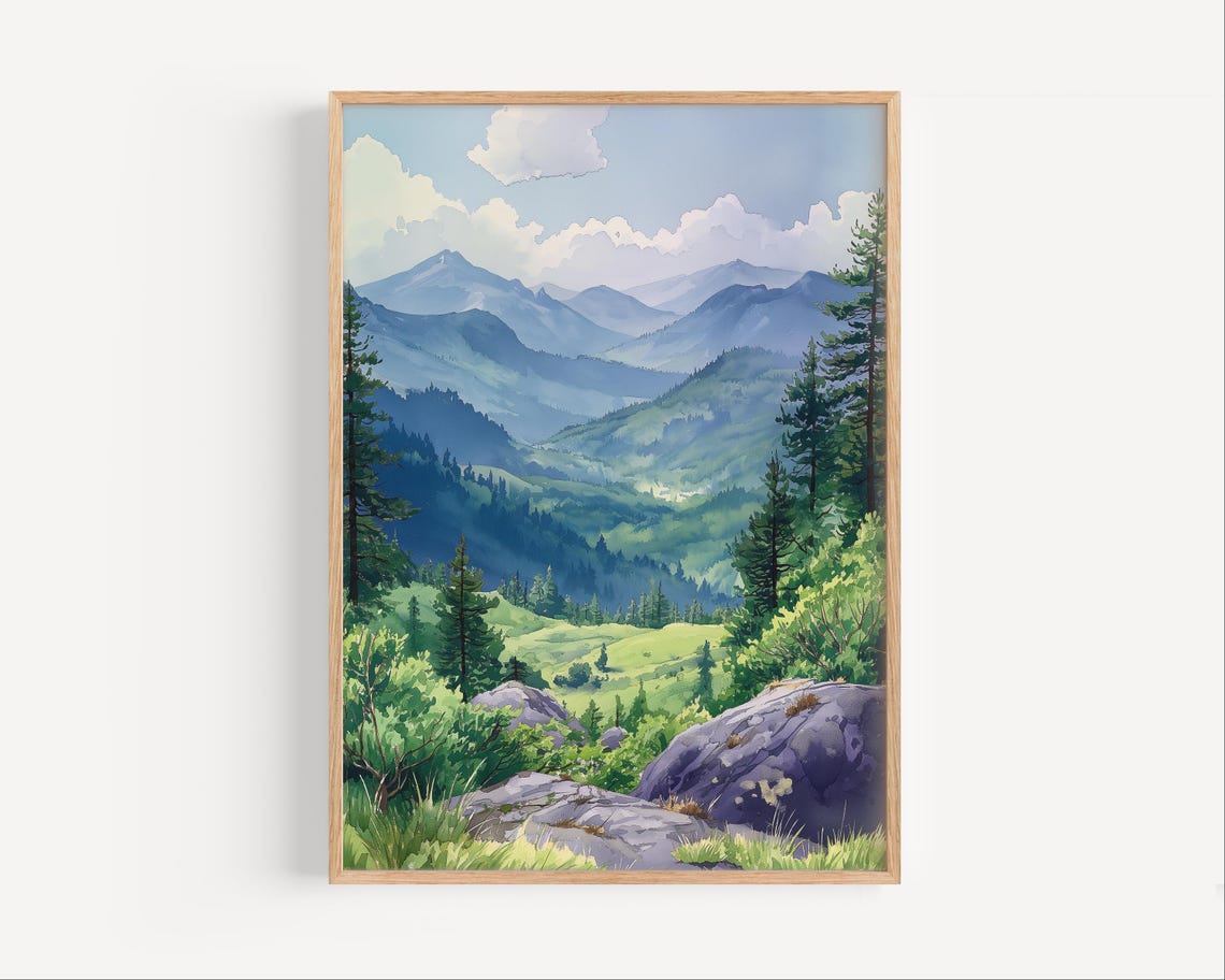 Green Summer Mountain Valley Lush Forest Peaks Watercolor Poster