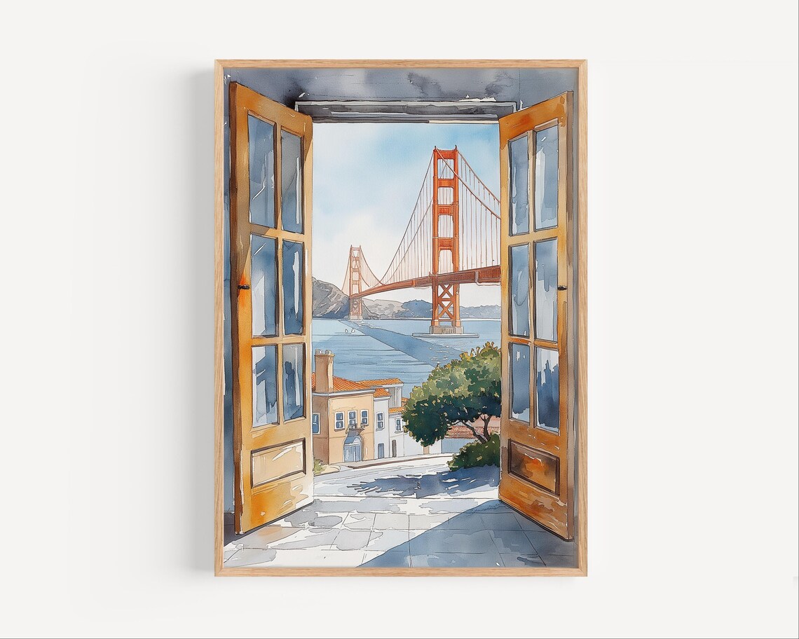 Golden Gate Bridge San Francisco Watercolor View Through Open Doors Poster