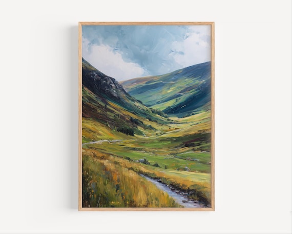 Green Mountain Valley Winding Stream Oil Painting Landscape Poster