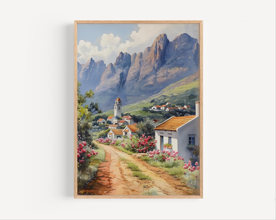 South Africa Mountain Village Watercolor Church Red Roofs Scenic Poster