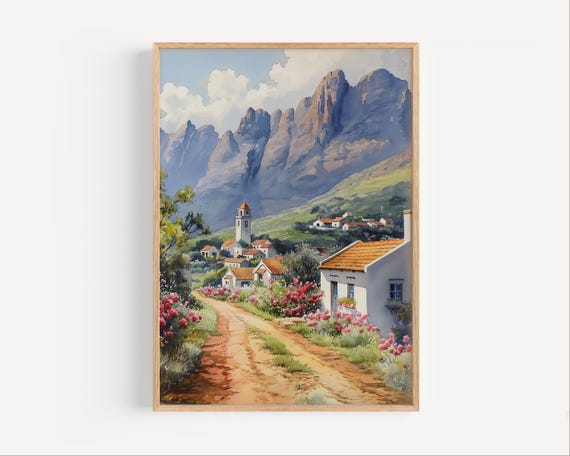 South Africa Watercolor Painting African Village Wall Art Poster Print Or Canvas Southafrican Town Decor Mountains Travel Gift