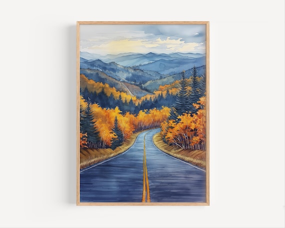 Blue Ridge Parkway Fall Watercolor Painting Autumn Appalachian Mountain Range Highway Poster Print Or Canvas Virginia Travel Wall Art Gift