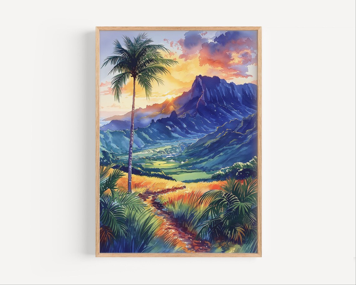 Tropical Hawaiian Mountain Sunset Palm Tree Lush Watercolor Travel Poster