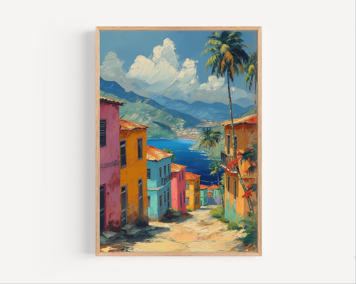 Caribbean Coastal Town Pastel Houses Palm Trees Seaside Street Poster