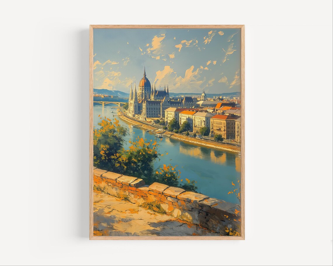 Budapest Hungary Parliament Danube River Oil Painting Travel Poster