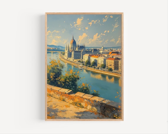 Budapest Hungary Danube River Oil Painting Travel Poster Or Canvas Gicle Print Wall Art Gift Retro Cityscape Decor Paint Style